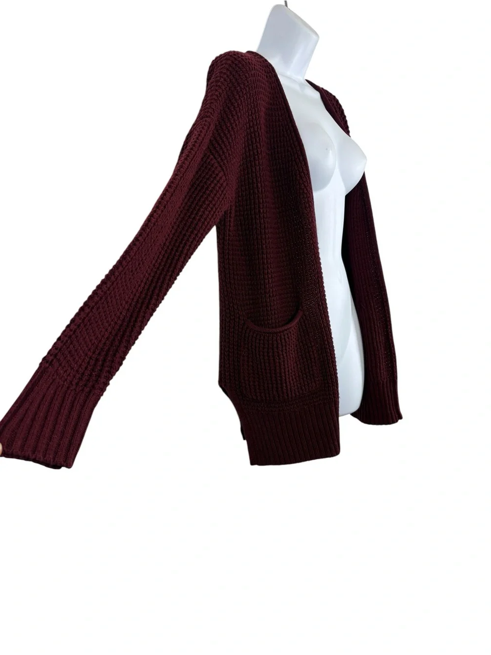 Zenana Open-Front Chunky Knit Cozy Layering Cardigan Burgundy Front Pockets SzS